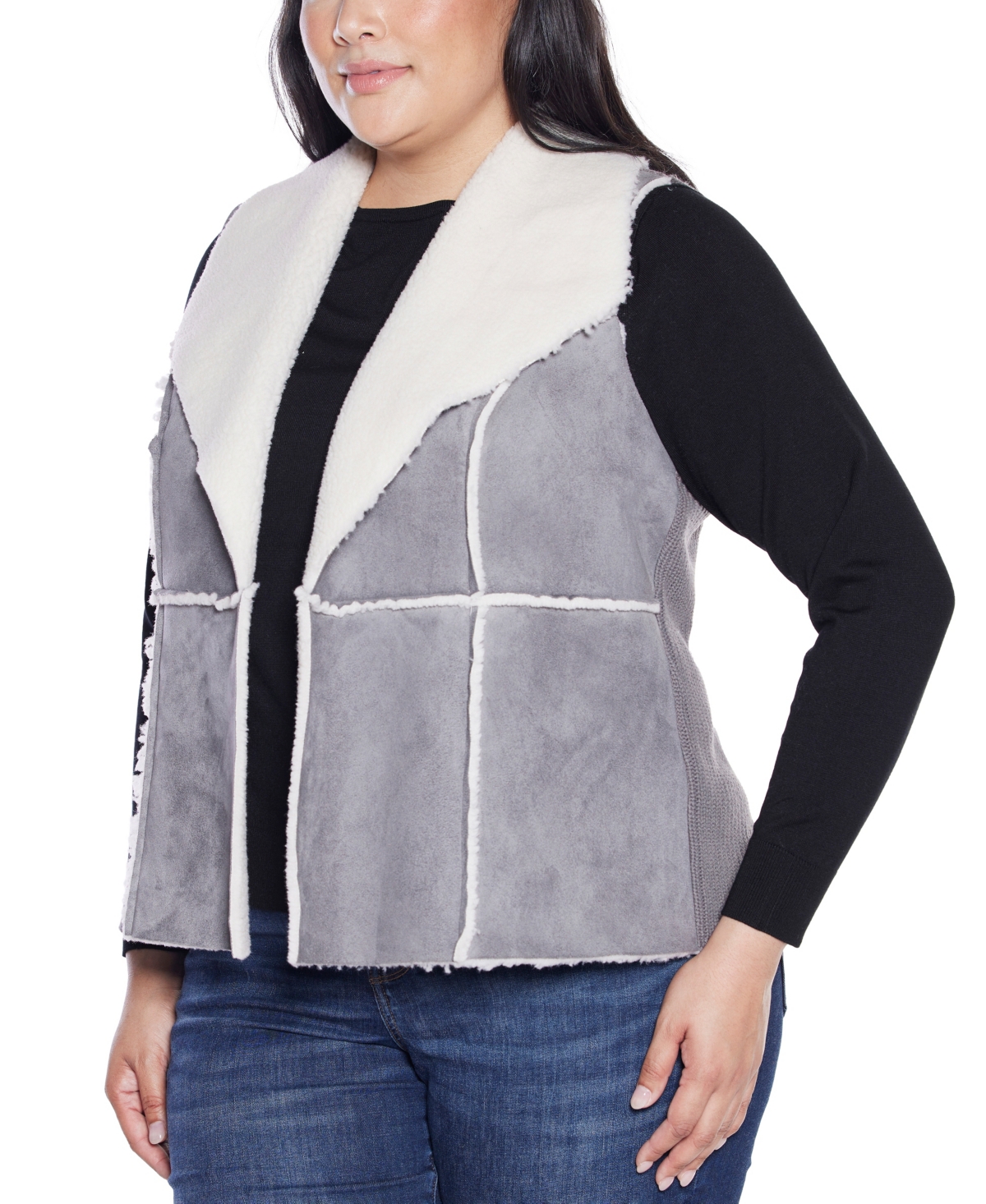 Belldini Plus Size Black Label Sherpa-trim Vest Sweater In Gray