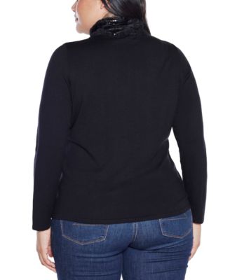 Plus Size Black Label Trim Rhinestone-Zip Cardigan Sweater