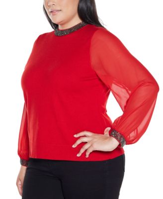 Plus Size Black Label Rhinestone-Neckline Chiffon-Sleeve Sweater