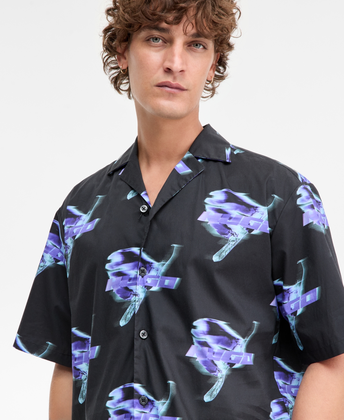 Hugo Boss Eligino Short Sleeve Logo Print Button-Front Camp Shirt