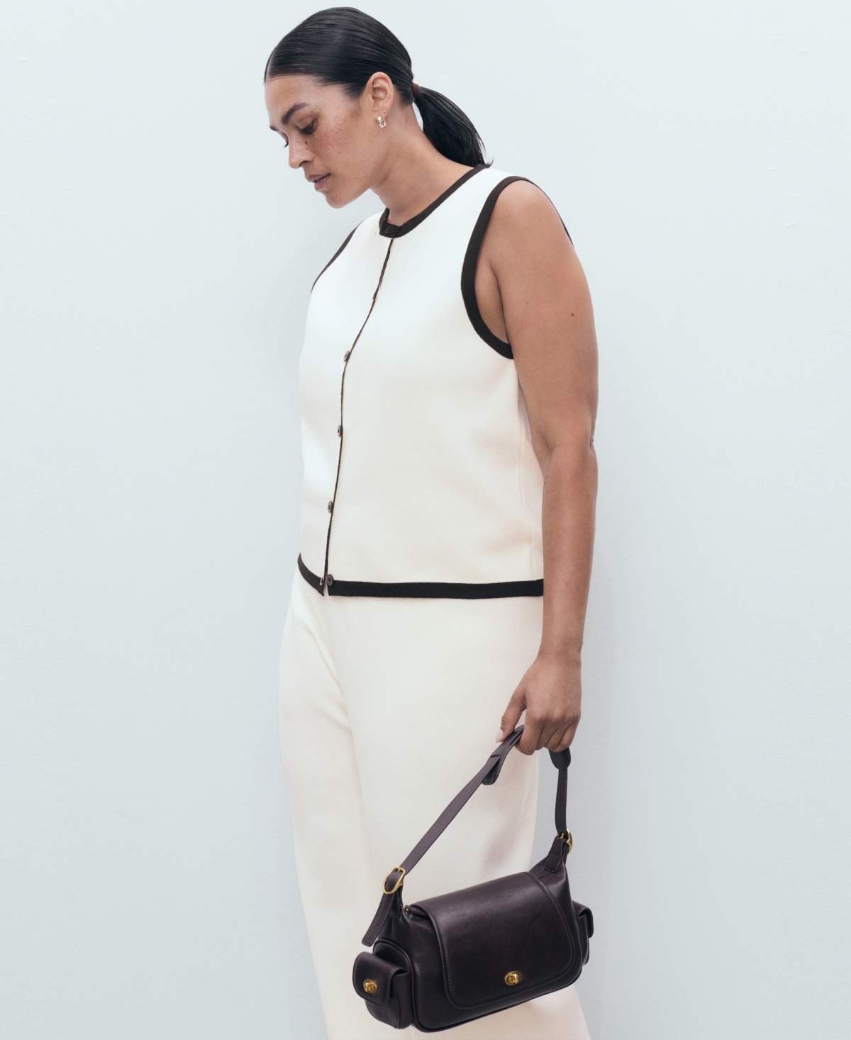 Mango Low Rise Contrast Hem Knit Pants In White