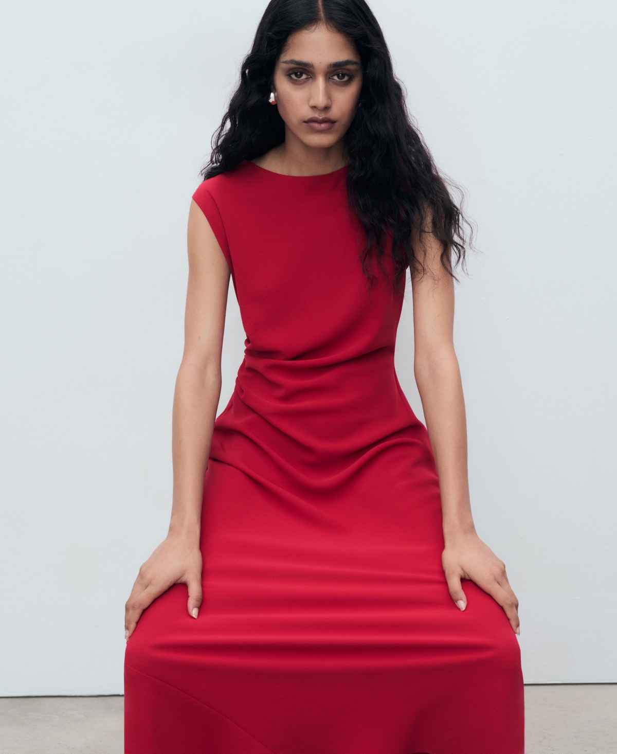 Mango Ruched Sleeveless Midi Dress In Red