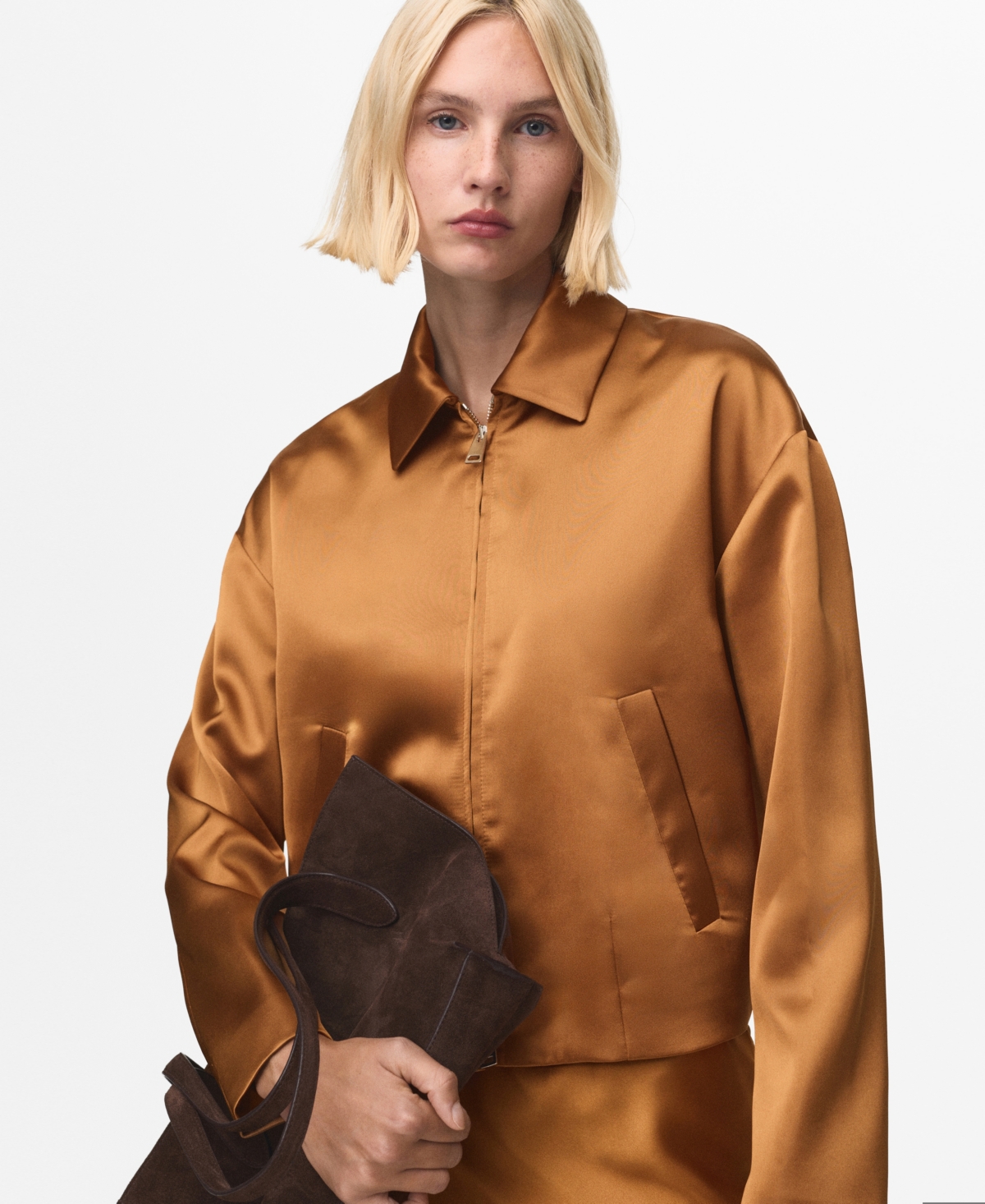 Mango Front Zip Satin Jacket In Brown