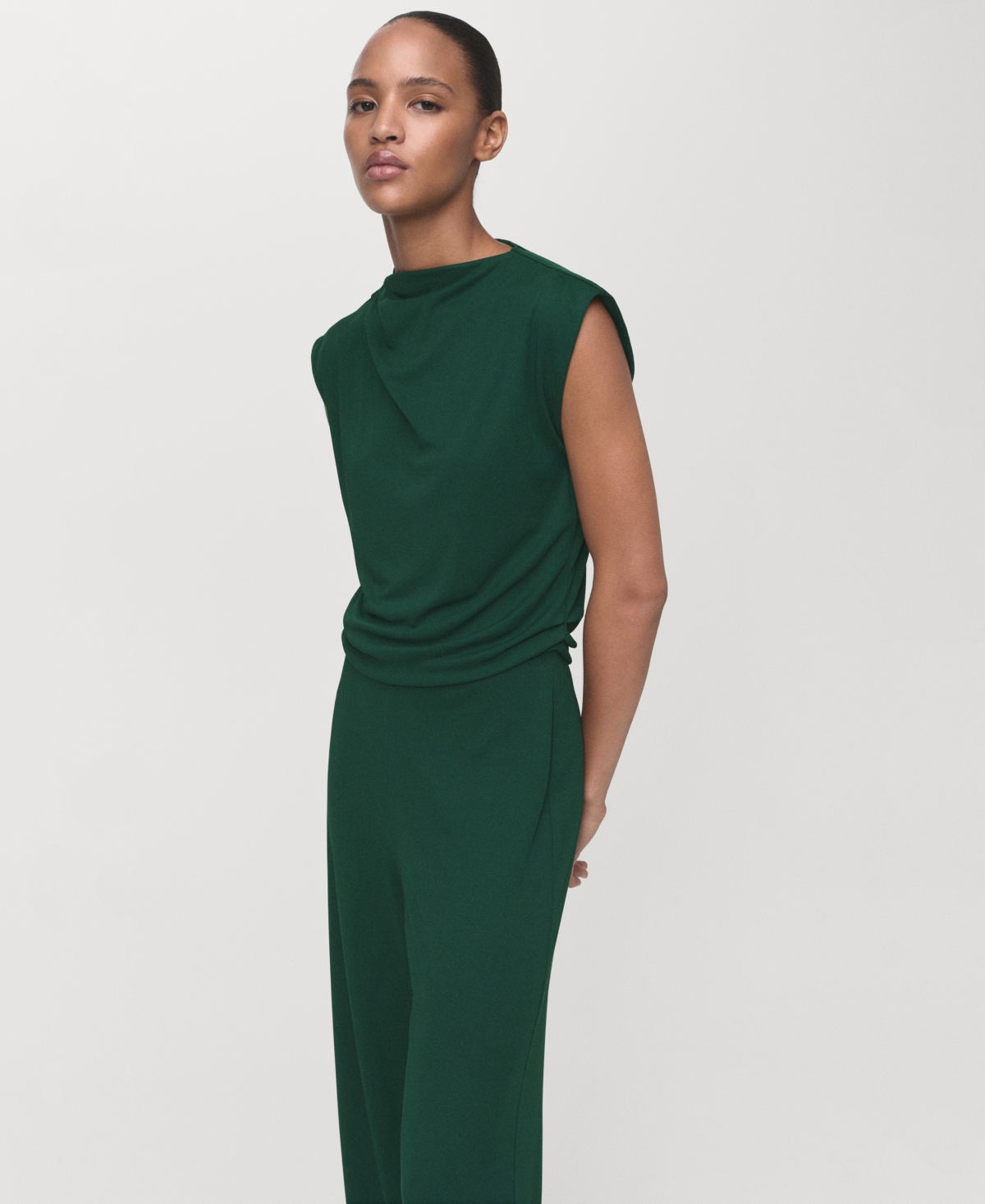 Mango Straight-fit Jumpsuit With Draped Neckline Dark Green In Green