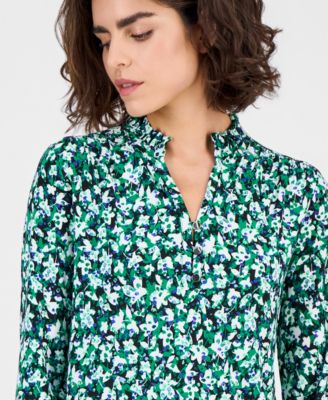 Petite Ruffled-Neck Smocked-Cuff Top