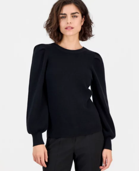 AK Anne Klein Petite Puff-Sleeve Crewneck Sweater - Anne Black