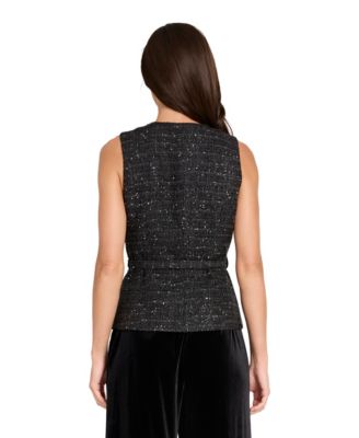 Women's Round Neck Button Front Rhinestone Trim Vest Top