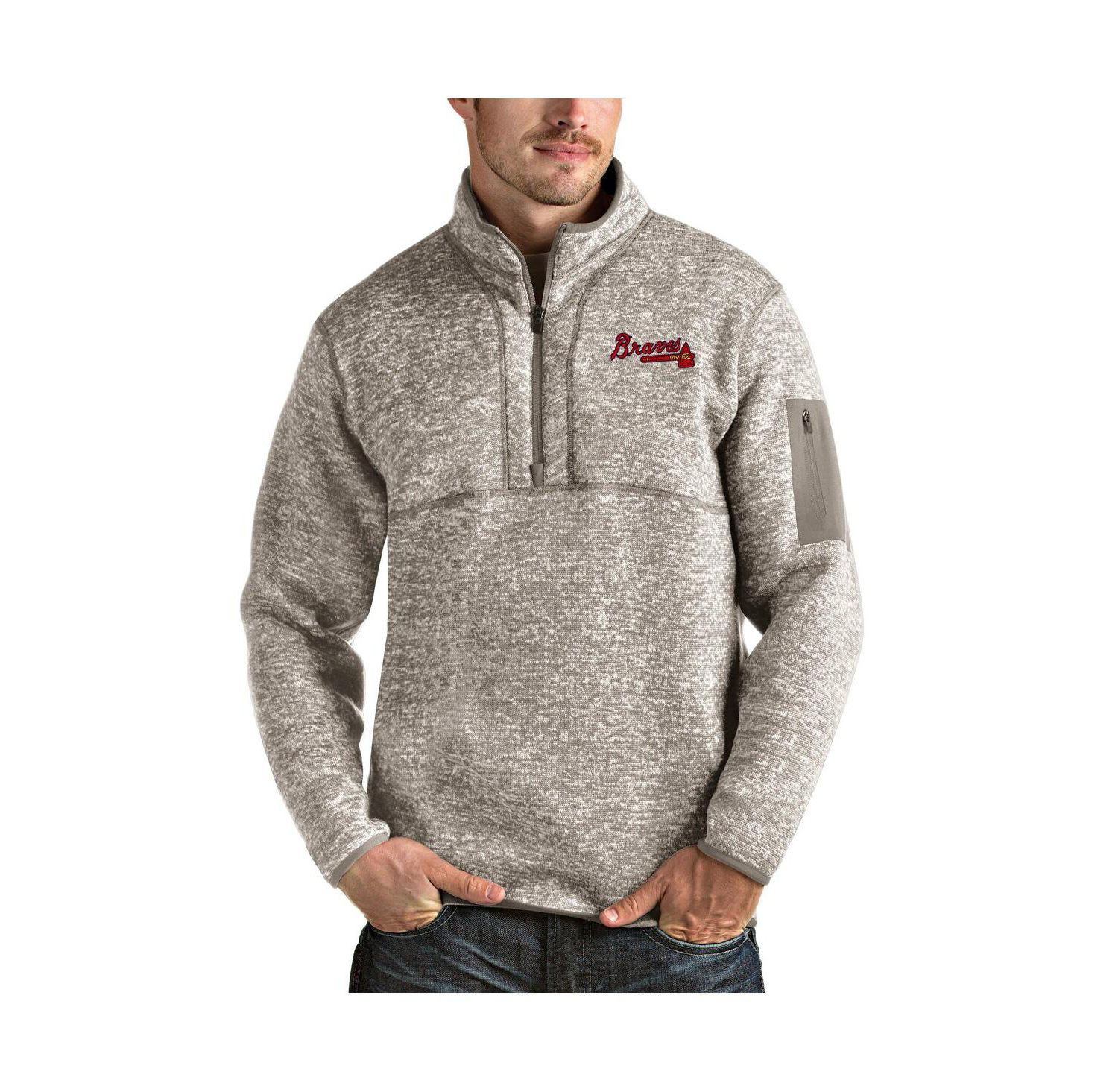 Men's Oatmeal Atlanta Braves Fortune Quarter-Zip Pullover Sweatshirt