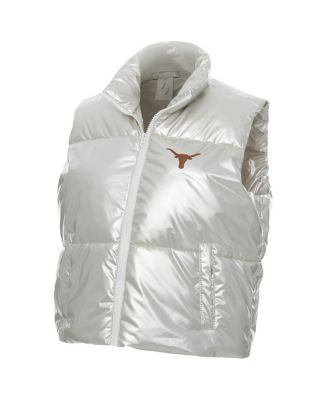Women's Silver Texas Longhorns Metallic Cropped Full-Zip Sleeveless Puffer Vest