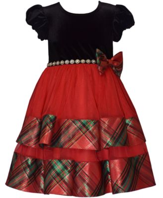 Girls 2T-6X Short Sleeve Velvet to Tiered Plaid Dress
