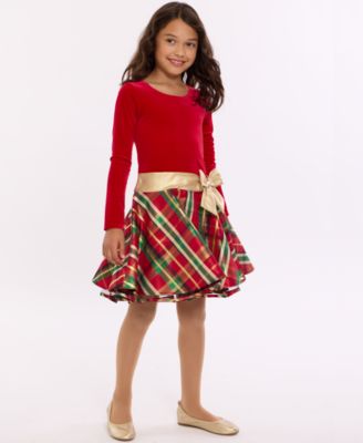 Girls 2T-6X Long Sleeve Velvet to Plaid Hipster Dress