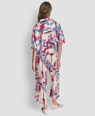 Women's Printed Short Sleeves Convertible Collar Top