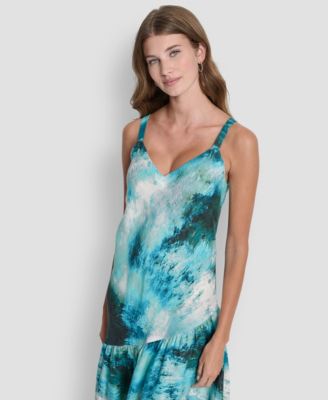 Women's Shirred Sleeveless Printed V-Neck Dress