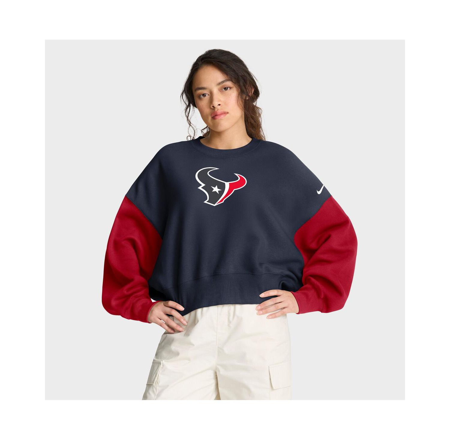 Women's Navy Houston Texans Oversized Color-Block Pullover Sweatshirt