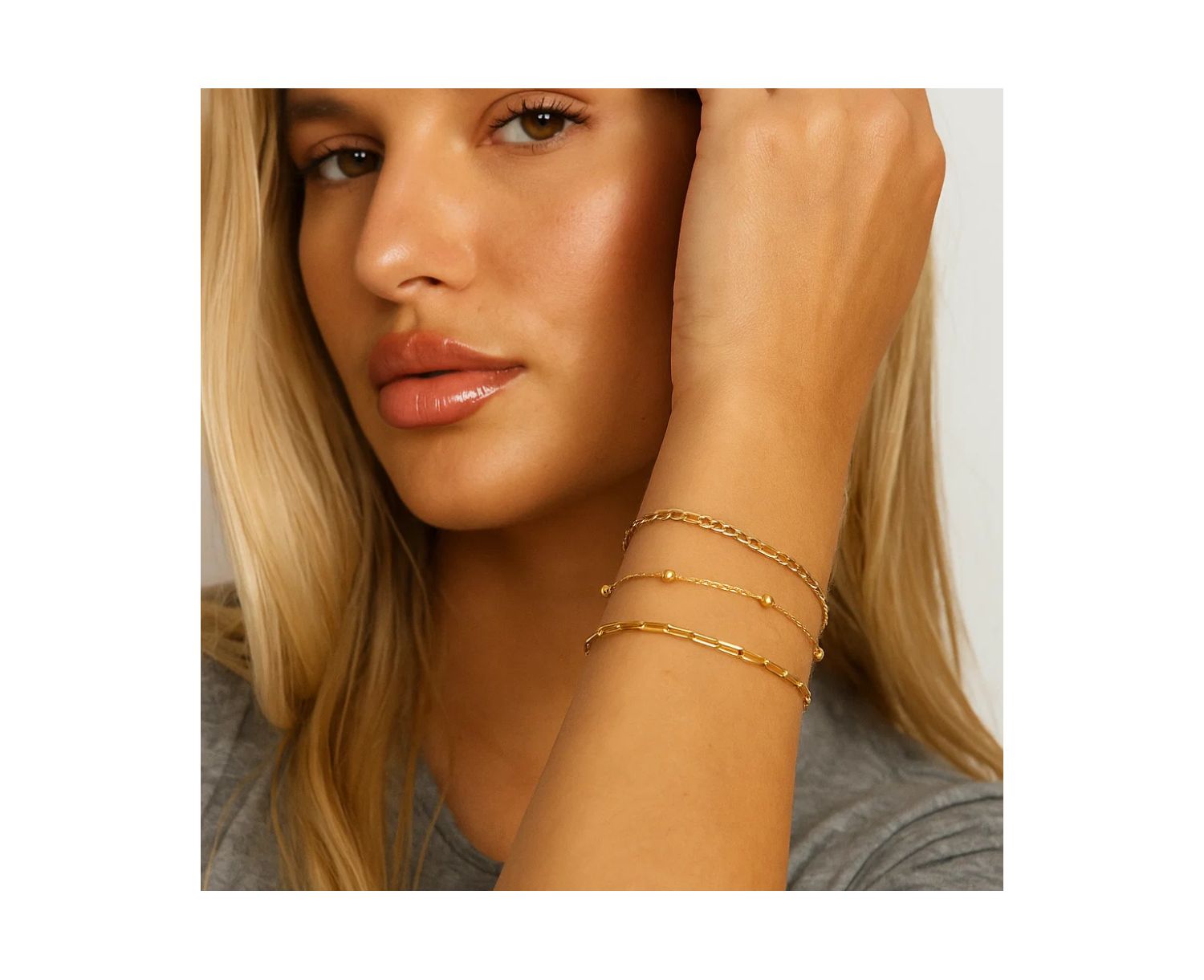 Adriana 3-Piece Stackable Bracelet Trio Set, Beaded, Figaro, Paperclip Link