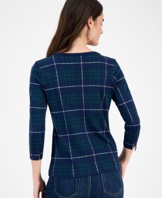Women's Plaid Pima Cotton 3/4 Sleeve Boat-Neck Top