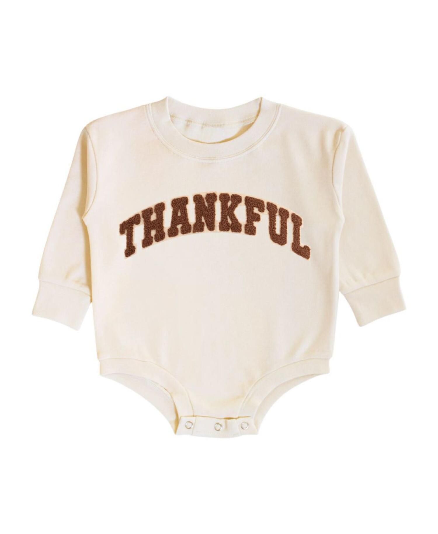 Baby Boy Thankful Patch Varsity Thanksgiving Long Sleeve Romper