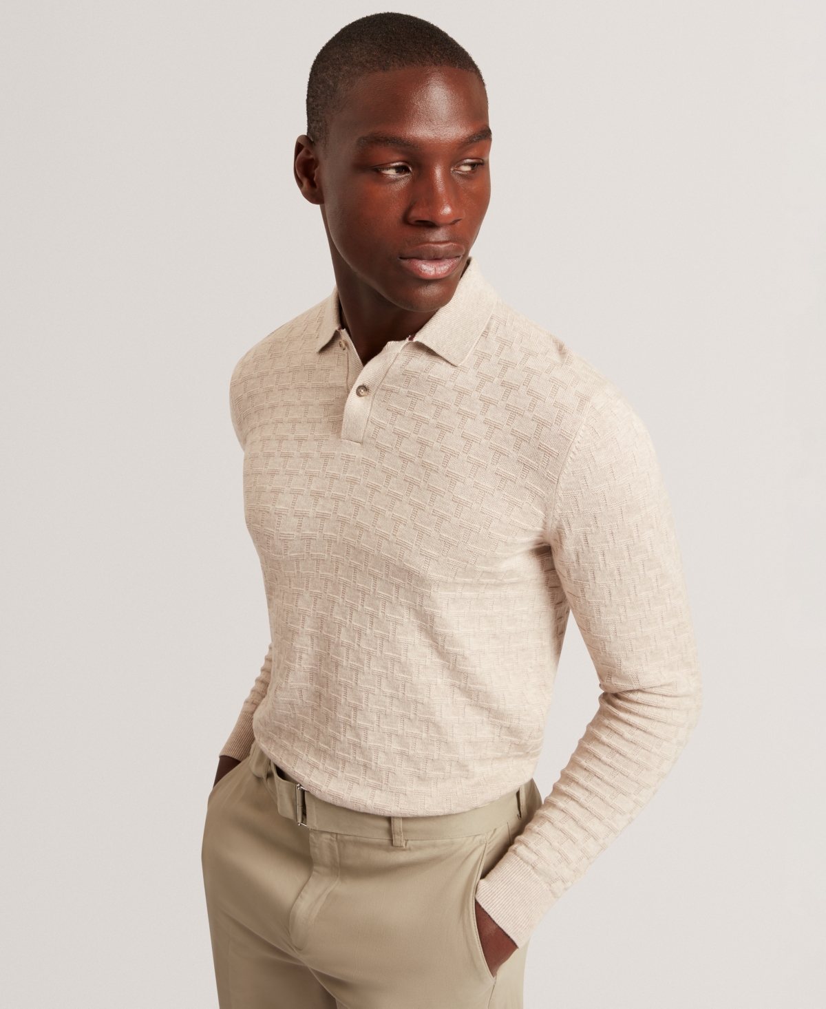 Ted Baker Gaten Long Sleeve Textured Stitch Polo In Neutral