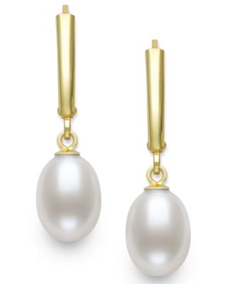 Cultured Freshwater Drop Pearl (7-8mm) Earrings in 14k Gold over Silver