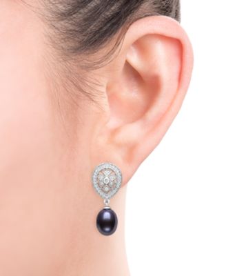 Cultured Freshwater Peacock Black Pearl (8-9mm) and Lab Created Sapphire Drop Earrings in Sterling Silver