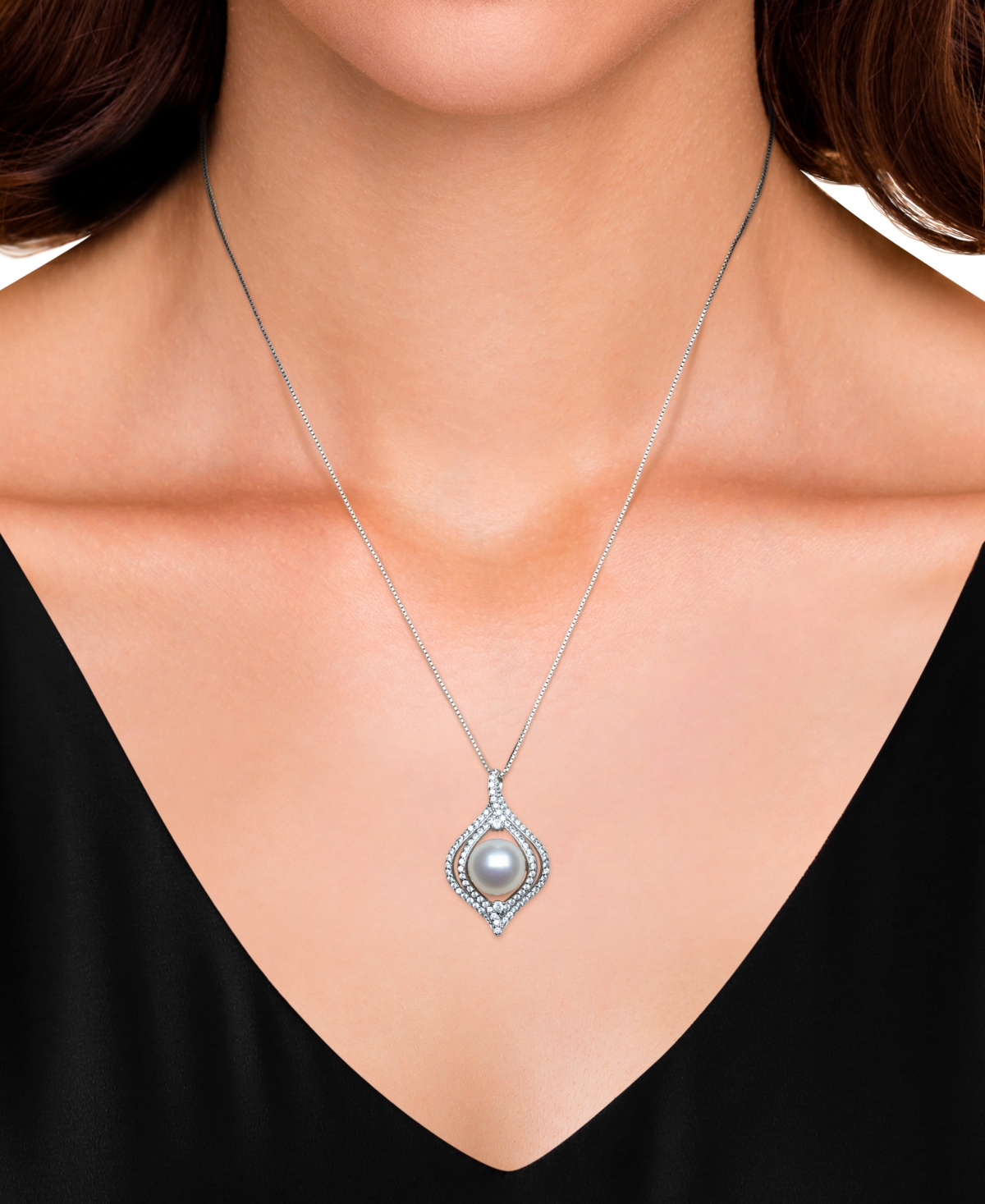 Belle De Mer Cultured Freshwater Button Pearl (9-10mm) And Lab Created Sapphire Necklace In Sterling Silver In White