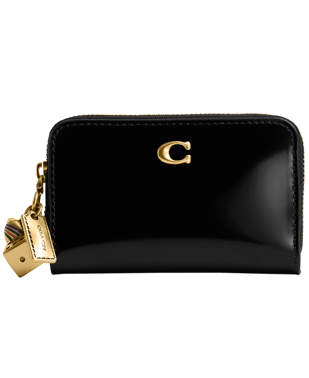 Coach Essential Small Spazzolato Leather Zip Around Card Case with Charm - Brass/Black