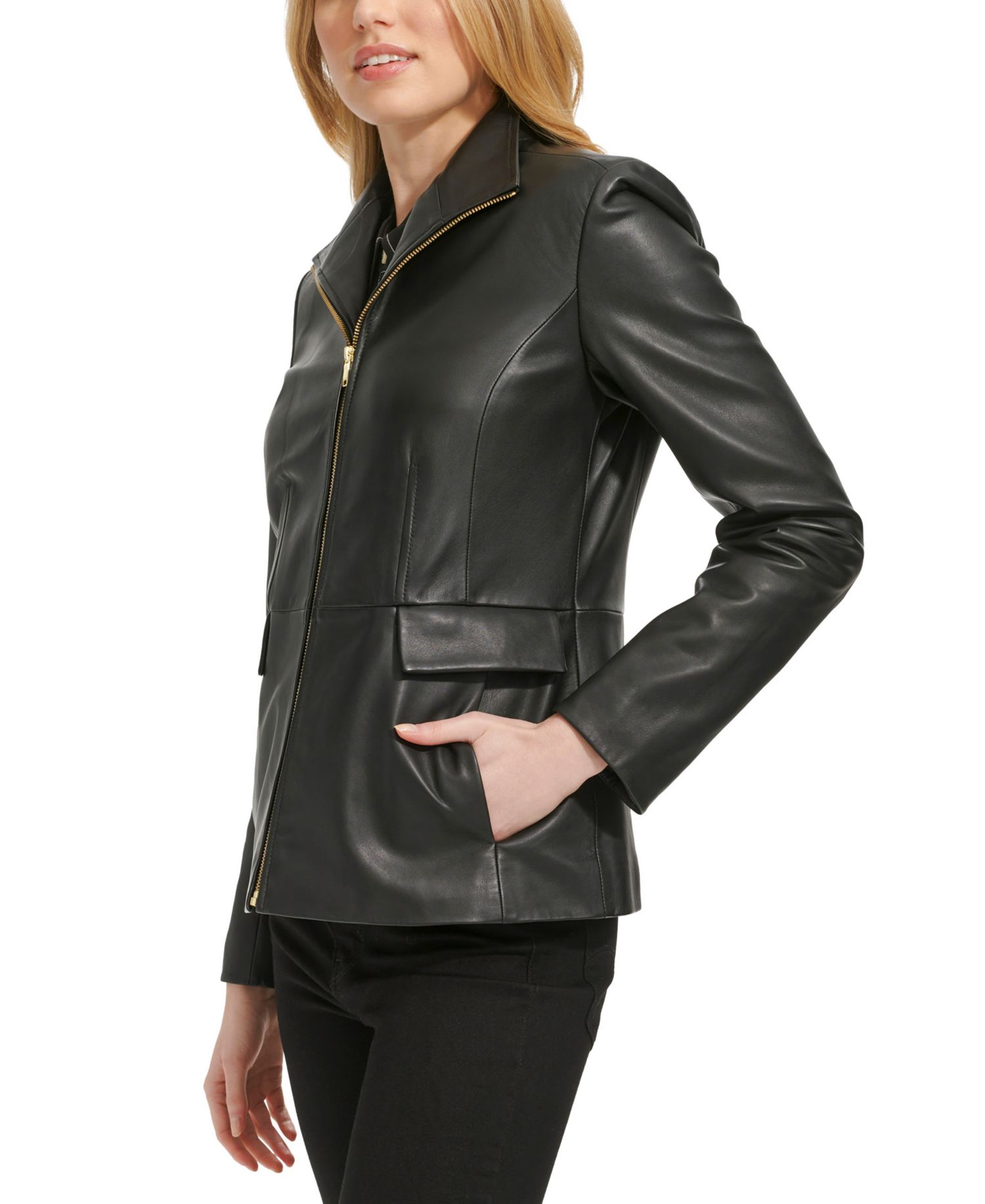 Petite Wing-Collar Leather Jacket