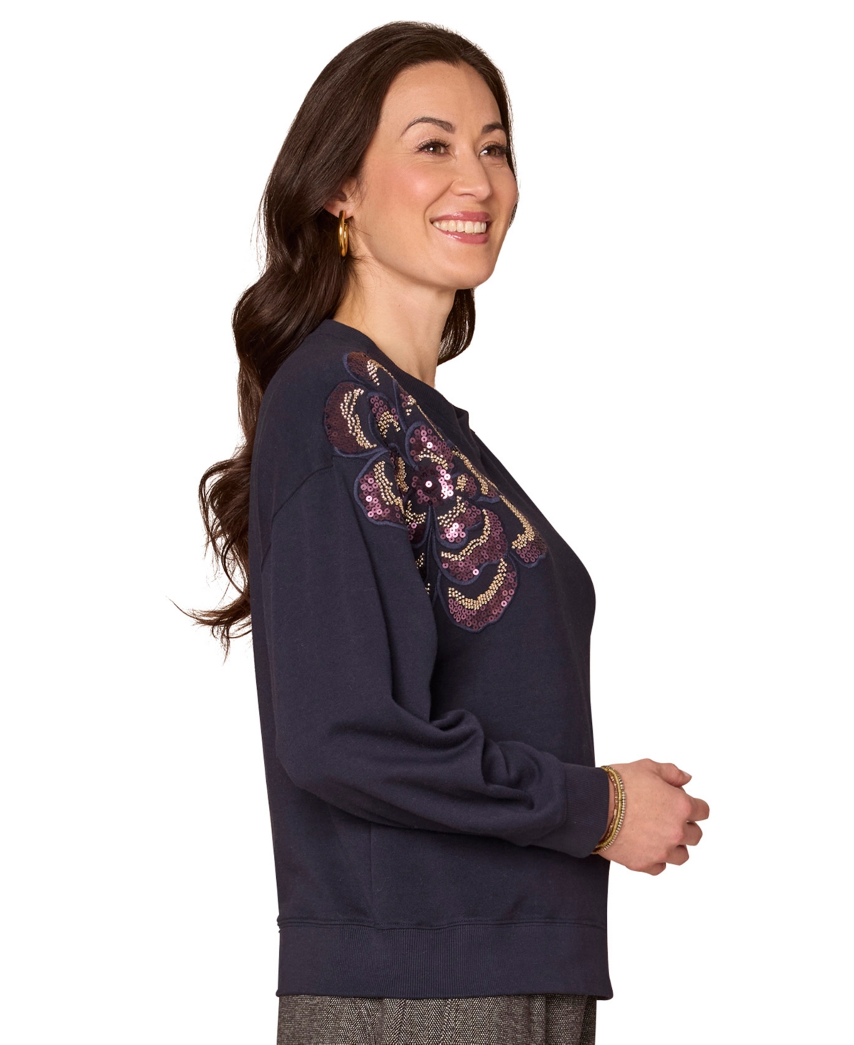 Democracy Petite Embellished Floral Crewneck Sweatshirt In Blue