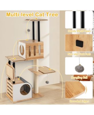 Wood Cat Tree w/Dual Cat Condos Sturdy Metal Tubes Frame Sisal Scratching Posts