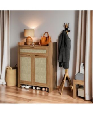 32&amp;#x22; boho rattan shoe cabinet with doors &amp; drawer, adjustable shelf, coffee bar storage, and wooden accent console in brown.