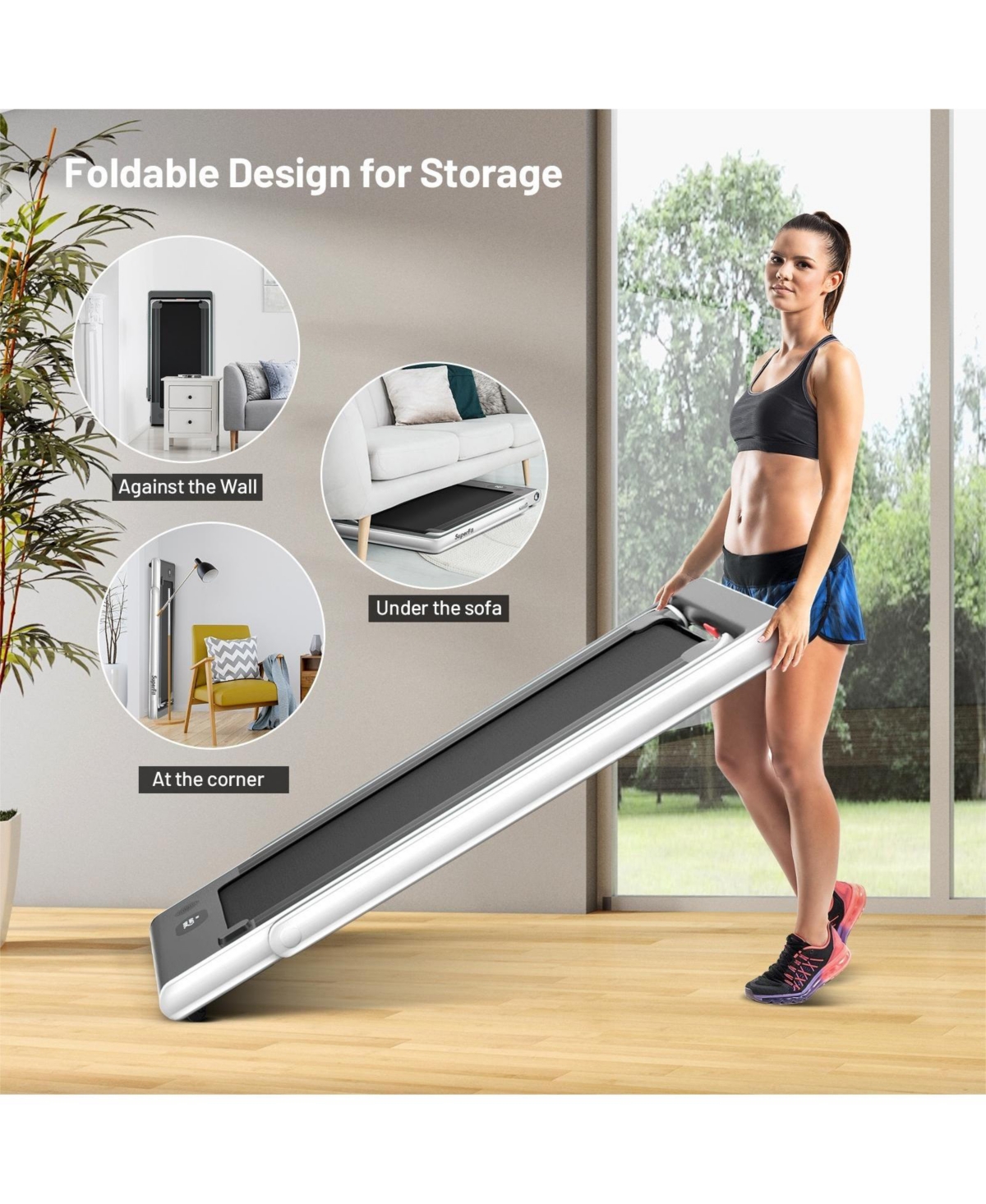 Hongge 2-in-1 Electric Motorized Health and Fitness Folding Treadmill with Dual Display and Speaker-White