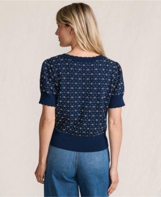 Women's Fine Gauge Cotton Jacquard Scoop Neck Sweater