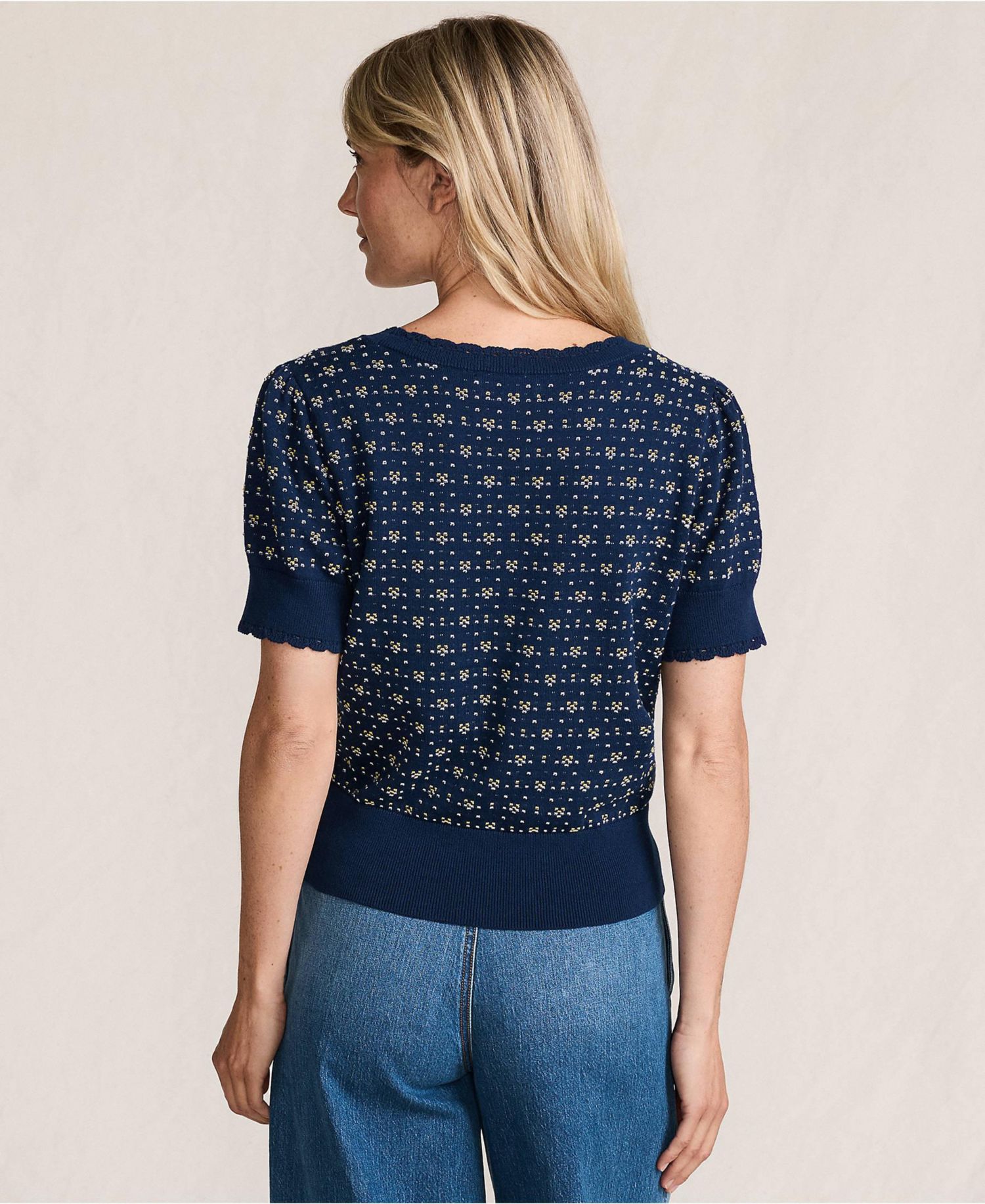 Women's Fine Gauge Cotton Jacquard Scoop Neck Sweater
