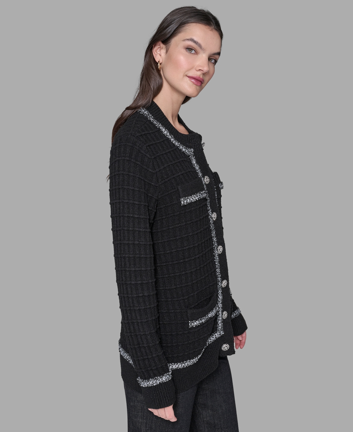 Karl Lagerfeld Paris Petite 4-Pocket Crewneck Cardigan Sweater