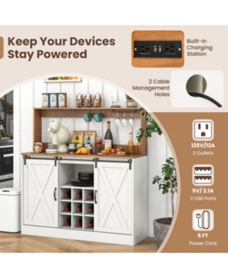 Farmhouse Coffee Bar Cabinet with Charging Station and Sliding Barn Doors