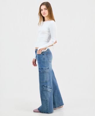 Juniors' High-Rise Embellished Cargo Jeans 