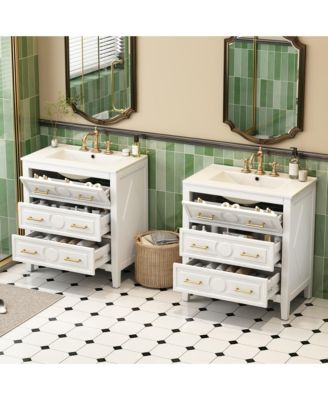 60inch Bathroom Vanity Set with Ceramic Sink Separate Free Standing Single Vanity Set with 3 Drawers Solid Wood Frame Bathroom Storage Cabinet White