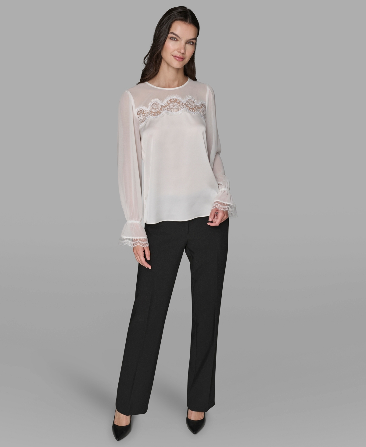 Karl Lagerfeld Women's Long Sleeve Lace Top In White