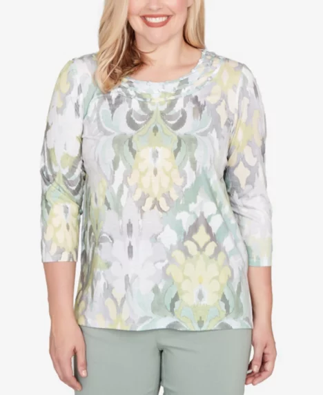Petite Stockbridge Ikat Medallion Pattern Soft Knit Top - Multi Green