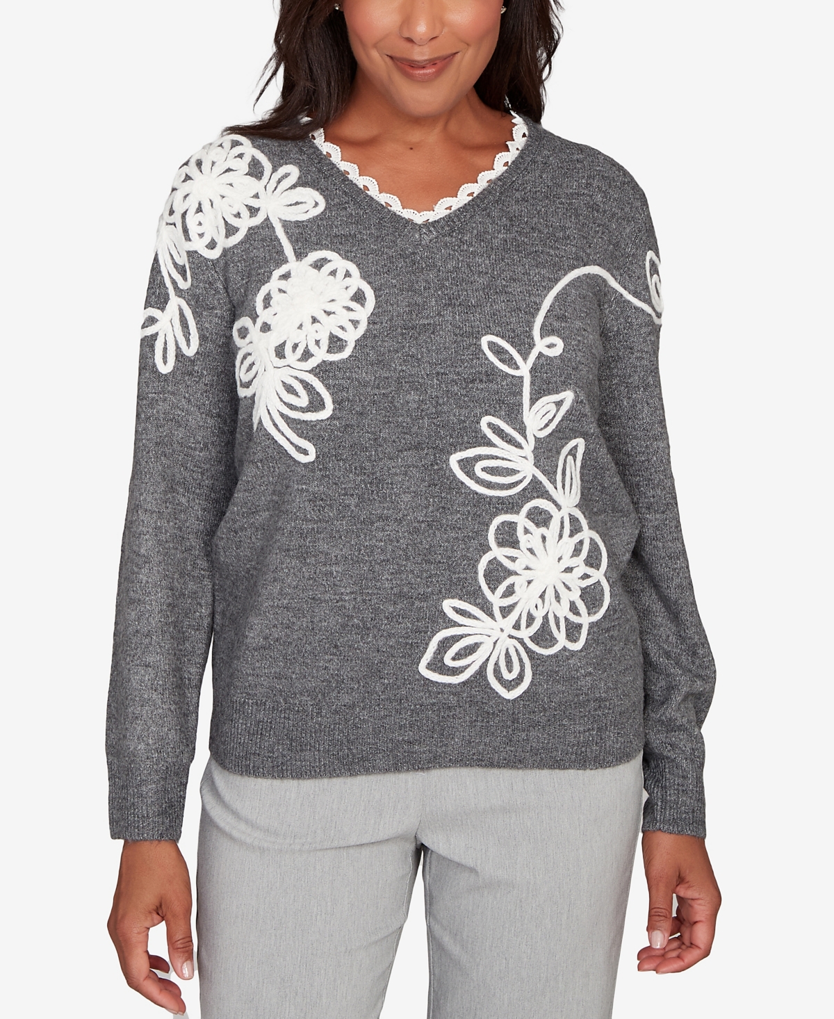 Alfred Dunner Petite Stockbridge Ruffle V-neck Floral Soutache Sweater In Gray