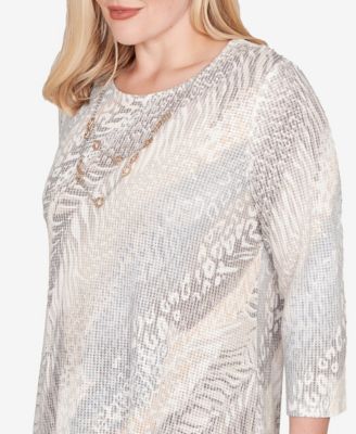 Petite Vienna Diagonal Animal Print Top with Necklace