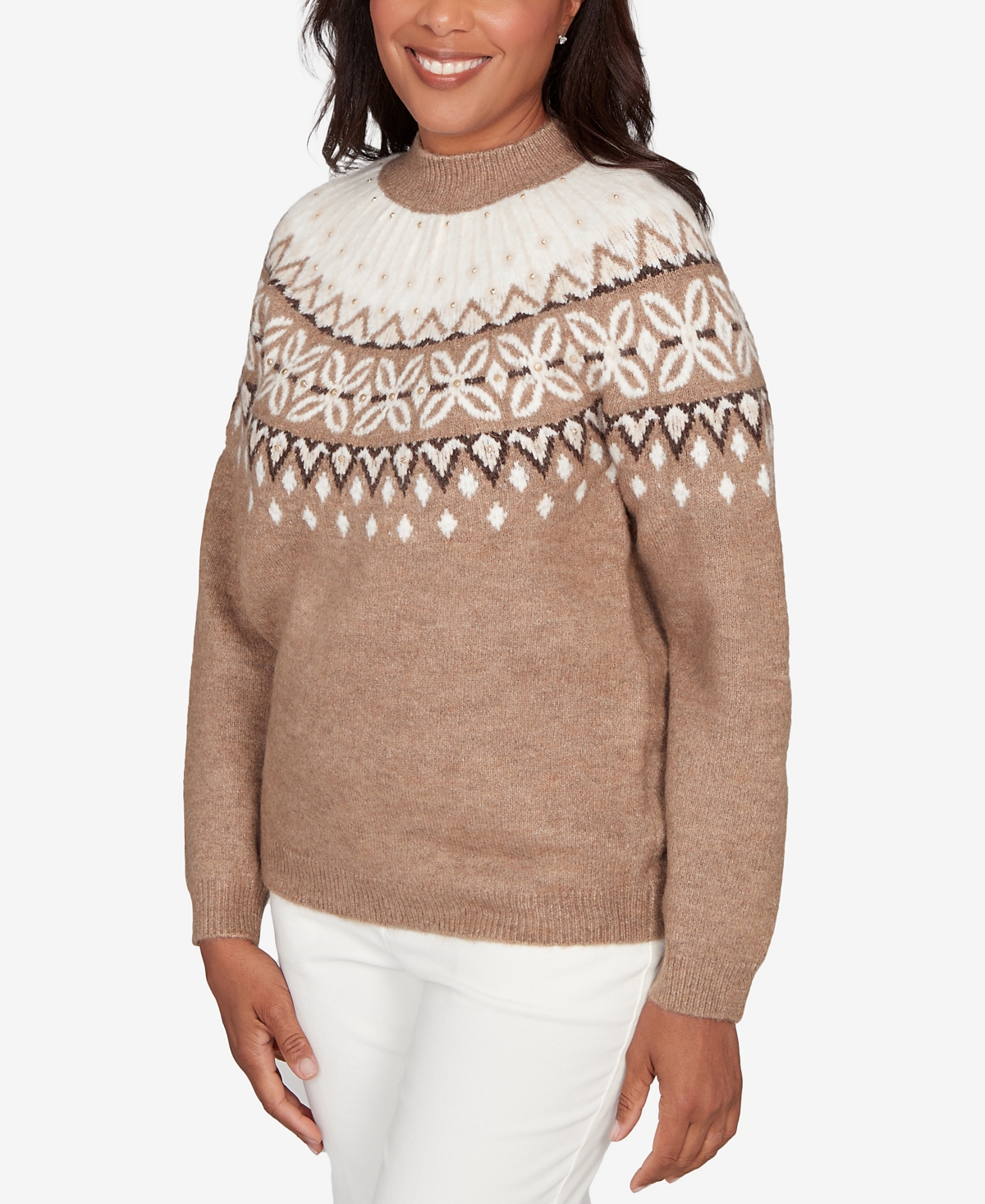 Alfred Dunner Petite Vienna Fair Isle Gold Studded Sweater In Brown