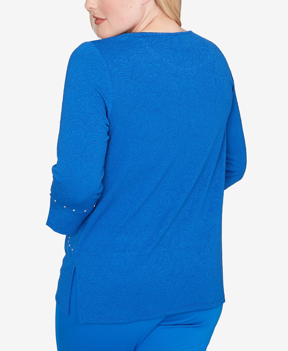 Alfred Dunner Petite Barcelona Solid Floral Jacquard Knit Top In Blue