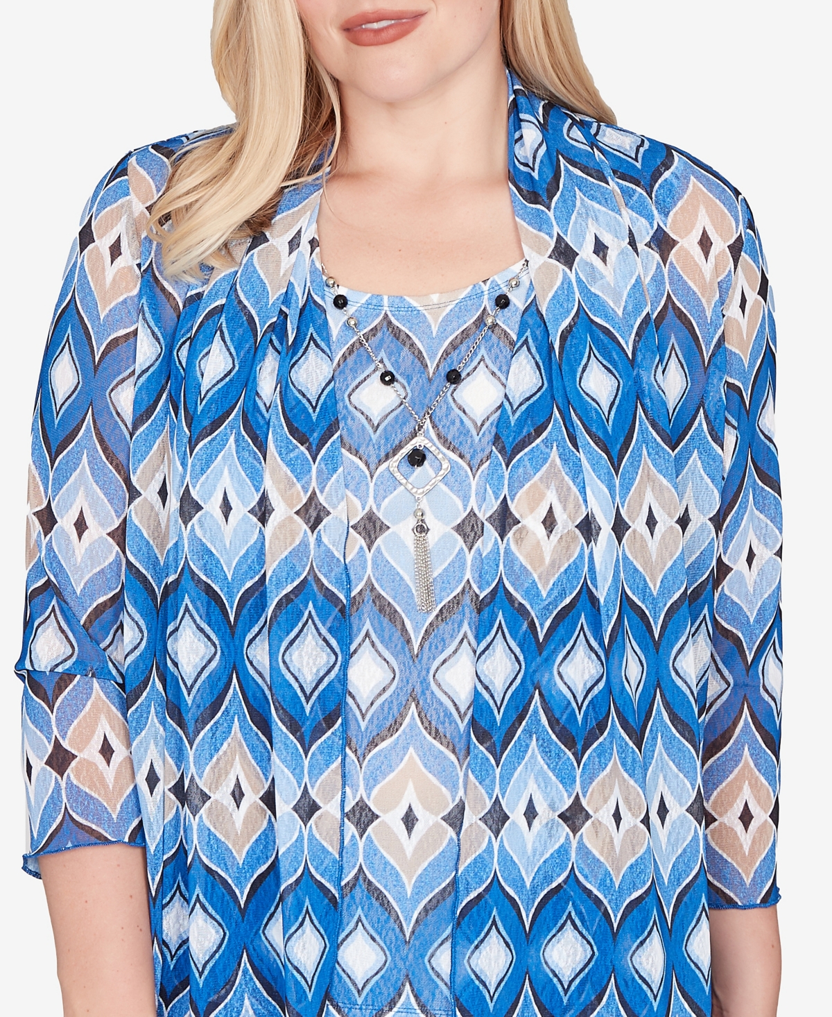 Alfred Dunner Petite Barcelona Geometric Mesh Two One Top with Necklace
