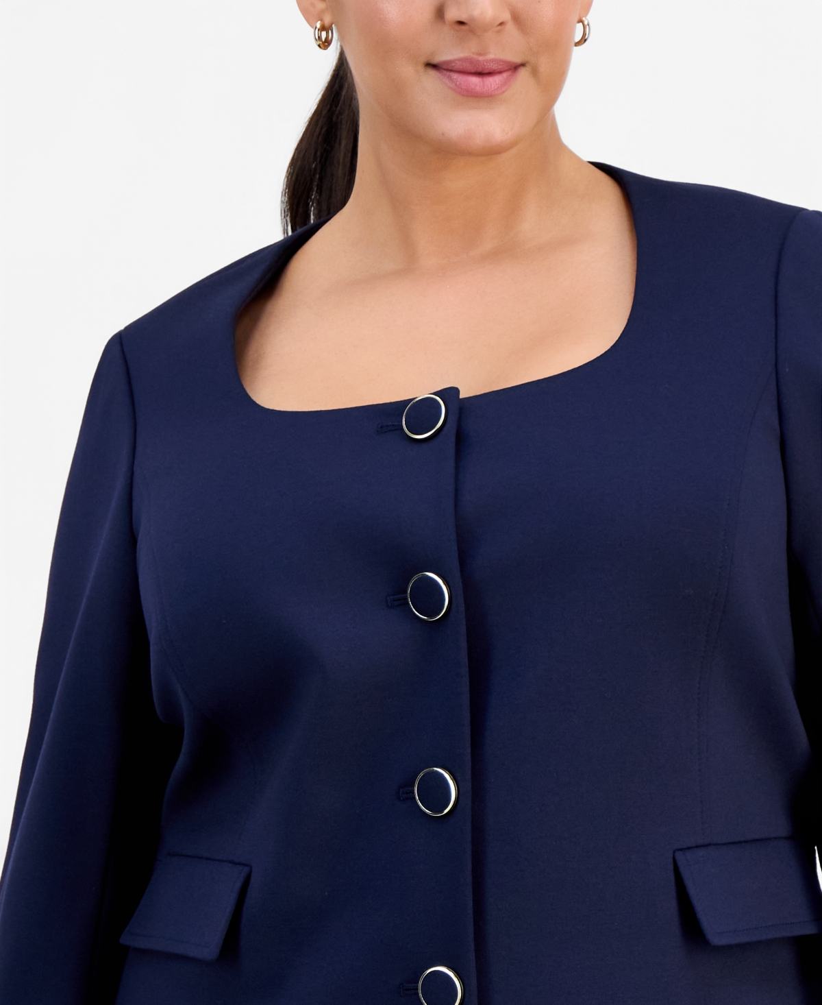 Le Suit Plus Size Square-neck Button-front Skirt Suit In Blue
