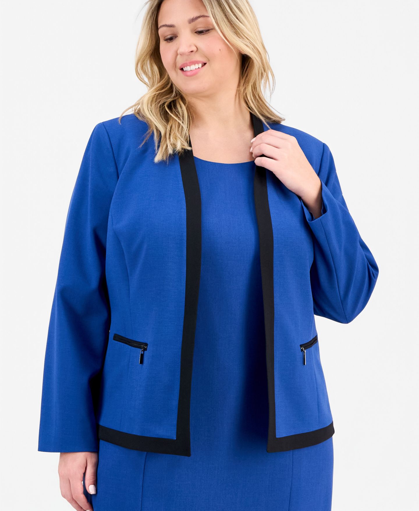 Женские платья Le Suit Plus Size Collarless Open-Front Ponte Jacket & 2 Piece Dress Suit, цвет: Синий ночной / Чёрный — фото 4