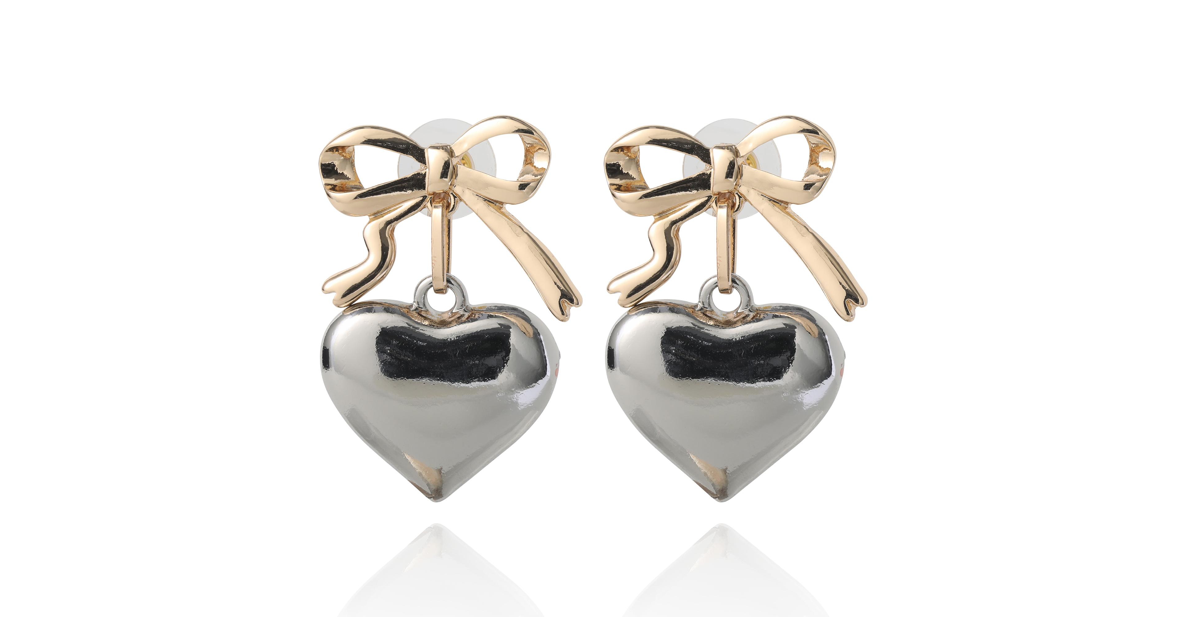 BCBGeneration Silver Heart Drop Earrings with Gold Bow Accent