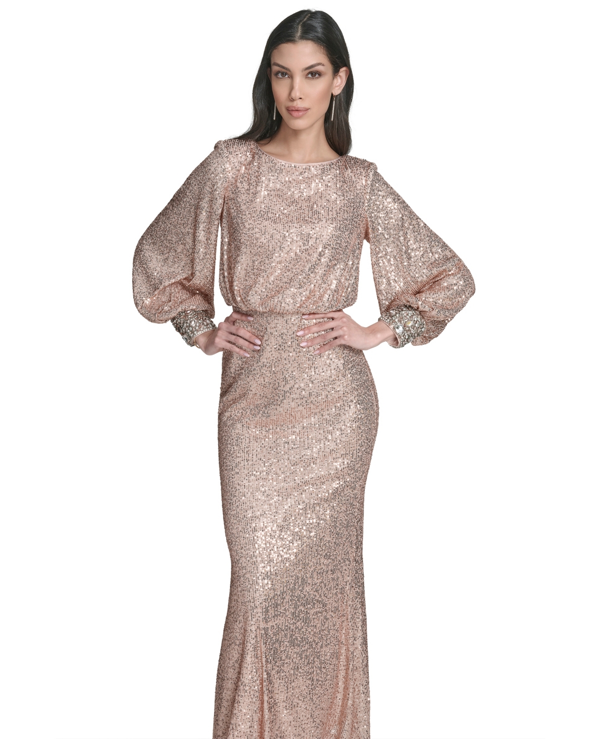 Eliza J Women's Embroidered Cuff Boat Neck Long Gown In Neutral