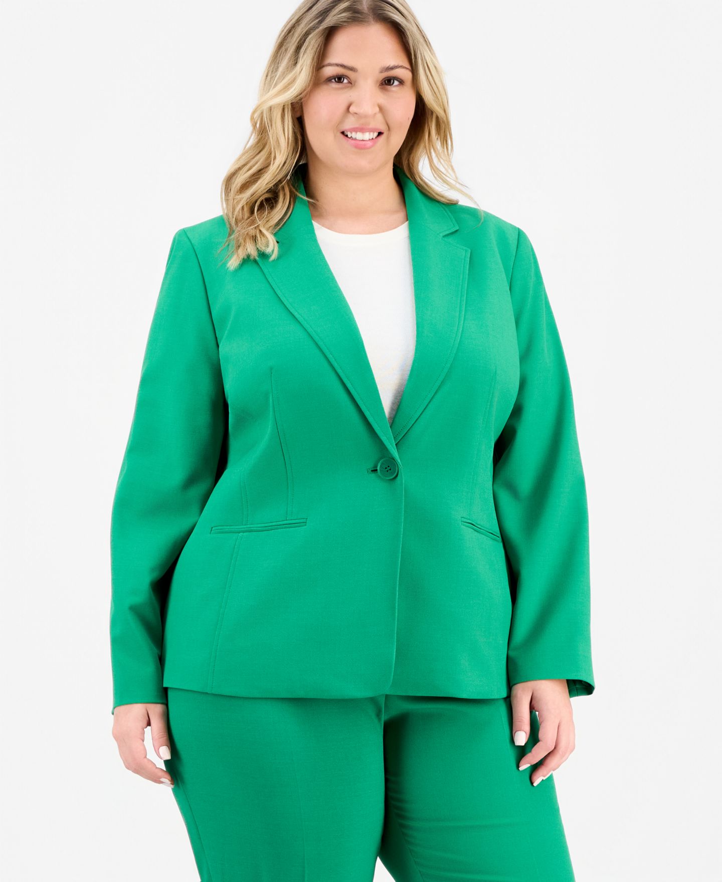 Женские комплекты Le Suit Plus Size Notch-Lapel Mid-Rise 2 Piece Pantsuit, цвет: Синий ночной — фото 9