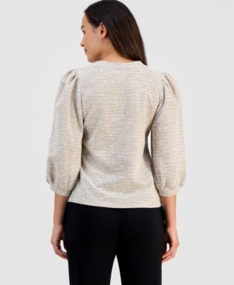 Petite 3/4-Balloon-Sleeve Boucl&eacute; Top